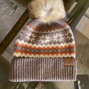 CC Boutique Beanie with Pom Pom - Brown, Orange, and Cream